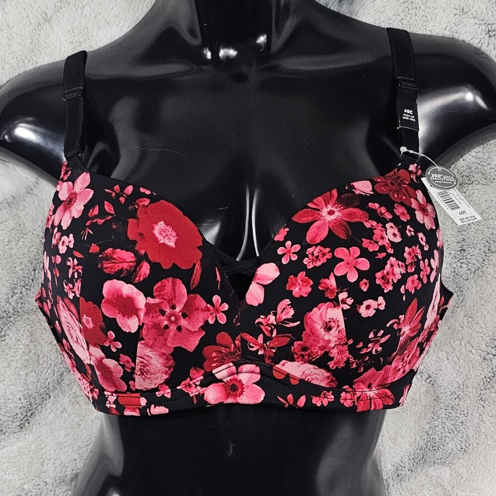 Torrid 40C Wire Free Push Up Bra Red and Pink Floral Print NWT